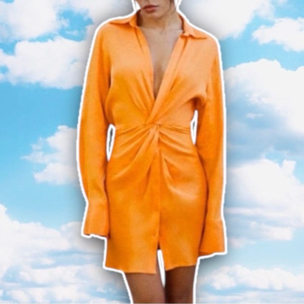 NWT ZARA Lapel Collar Twist Front Satin Shirt Dress Orange Office Siren Tropical